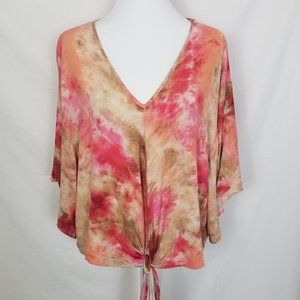 Entro V-Neck Tie-Dye Blouse in Pink and Tan